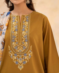 URGE-3PC DHANAK EMBROIDERED SHIRT WITH WOOL PRINTED SHAWL AND EMB TROUSER