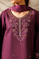 IZNIK-3PC DHANAK EMBROIDERED SHIRT WITH WOOL PRINTED SHAWL AND TROUSER