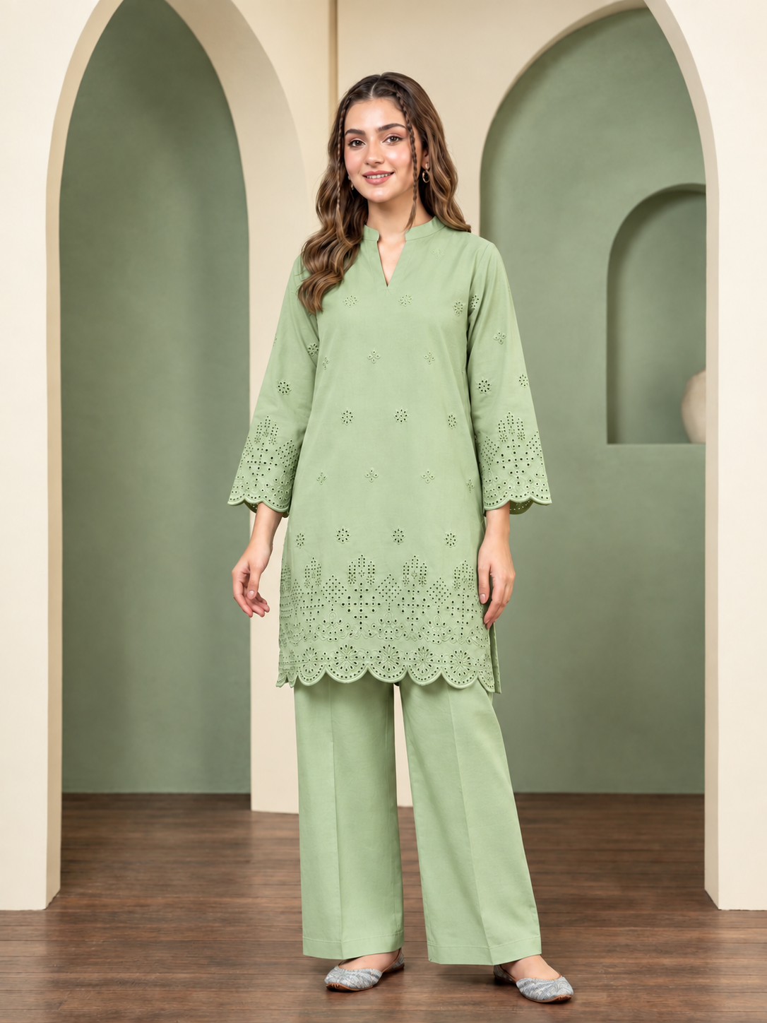 Hijr ChikanKari Eyelet Embroidered Scallop Hem 2 Piece Cotton Suit