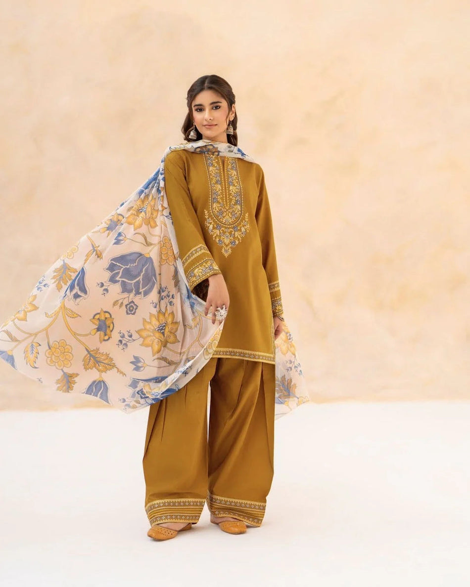 URGE-3PC DHANAK EMBROIDERED SHIRT WITH WOOL PRINTED SHAWL AND EMB TROUSER