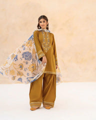 URGE-3PC DHANAK EMBROIDERED SHIRT WITH WOOL PRINTED SHAWL AND EMB TROUSER