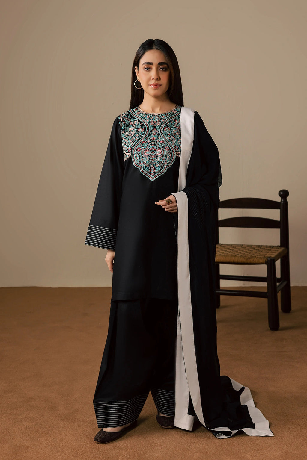 BATIK-3PC DHANAK EMBROIDERED SHIRT WITH DHANAK SHAWL AND TROUSER