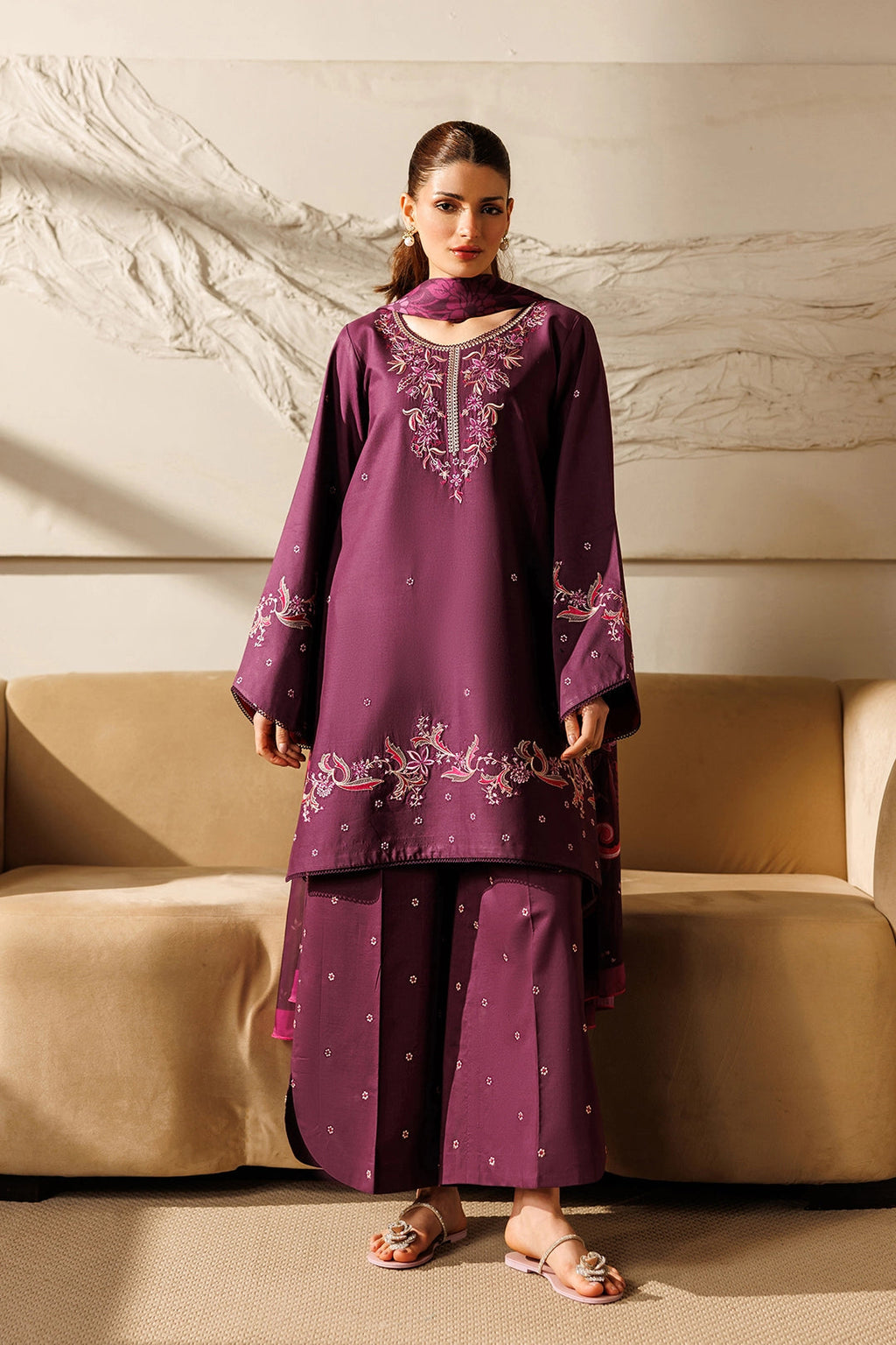 IZNIK-3PC DHANAK EMBROIDERED SHIRT WITH WOOL PRINTED SHAWL AND TROUSER