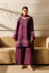 IZNIK-3PC DHANAK EMBROIDERED SHIRT WITH WOOL PRINTED SHAWL AND TROUSER